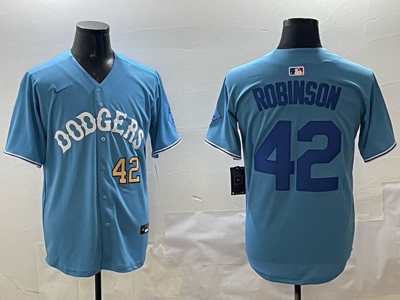 Men Los Angeles Dodgers #42 Robinson Light Blue Joint Name 2025 Nike MLB Jersey style 9